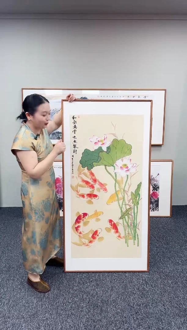 国画荷花九鱼图155*76手绘作品