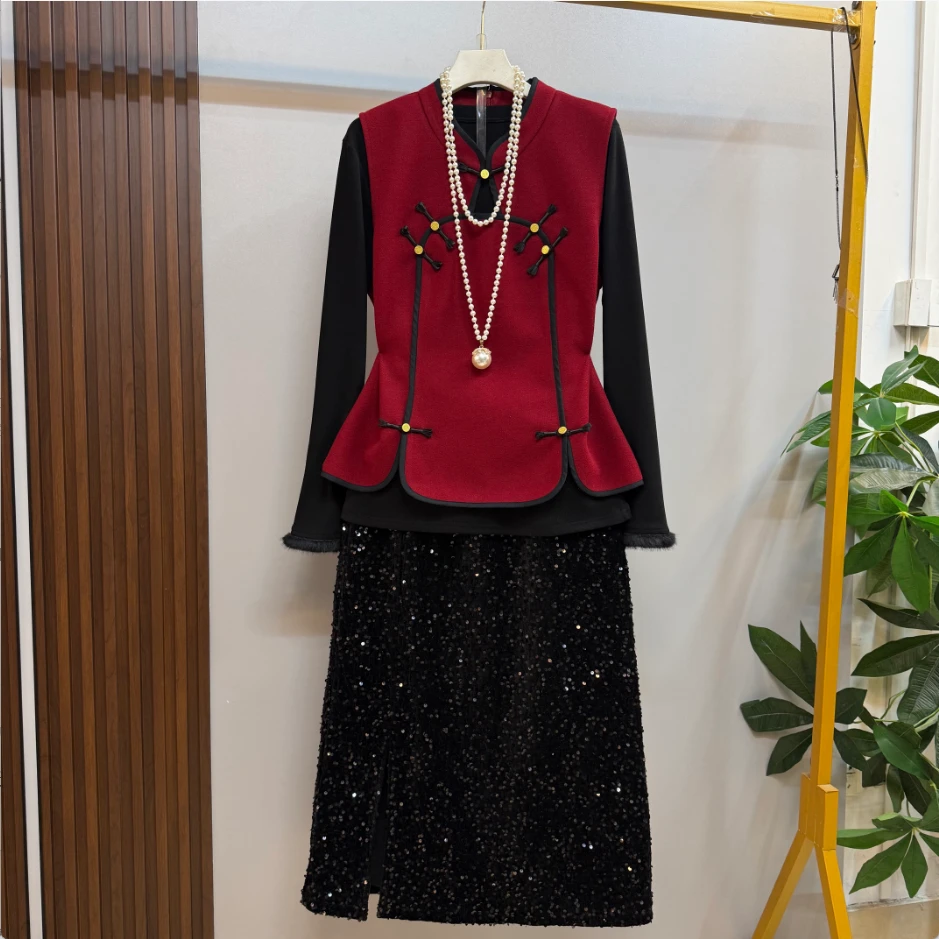 大码新款时尚气质复古国风轻奢显瘦马甲十打底十亮片半身裙三件套