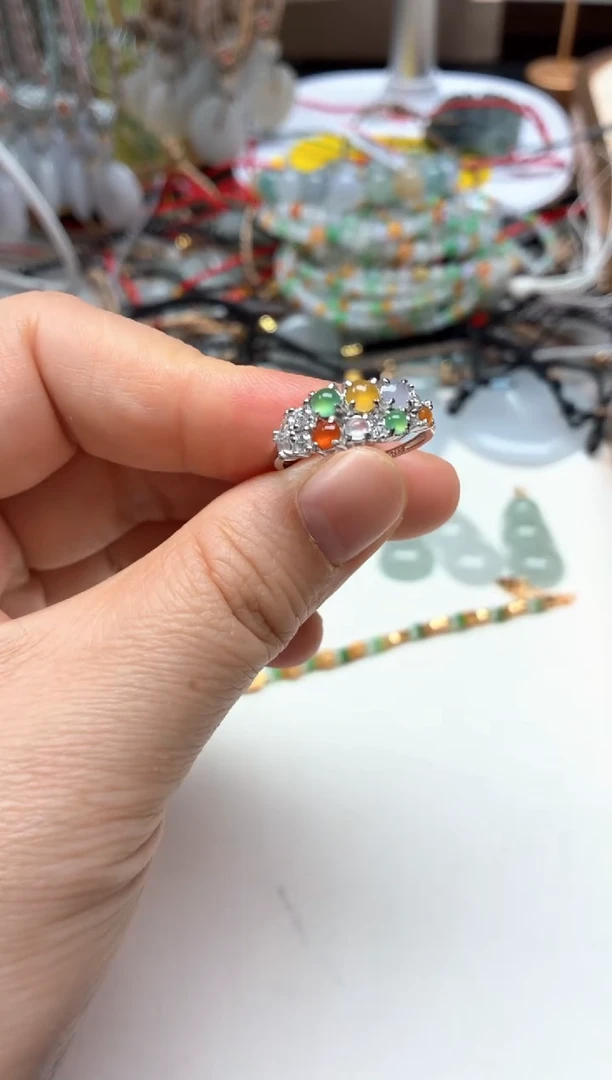 银S925镶嵌戒指翡翠翡翠多宝戒指