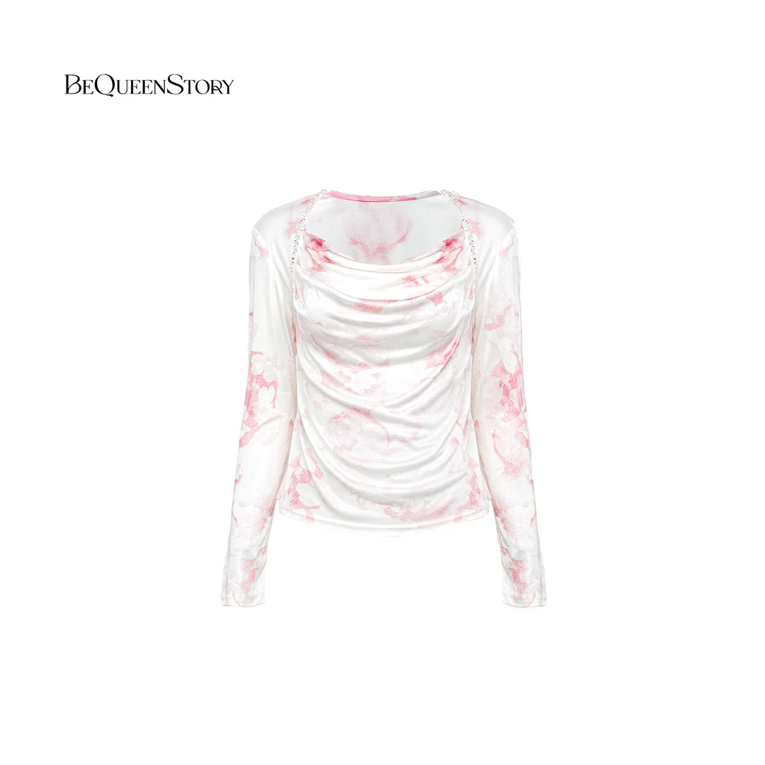 BeQueenStory【甜心芭乐】优雅日常晕染印花醋酸针织荡领长袖上衣