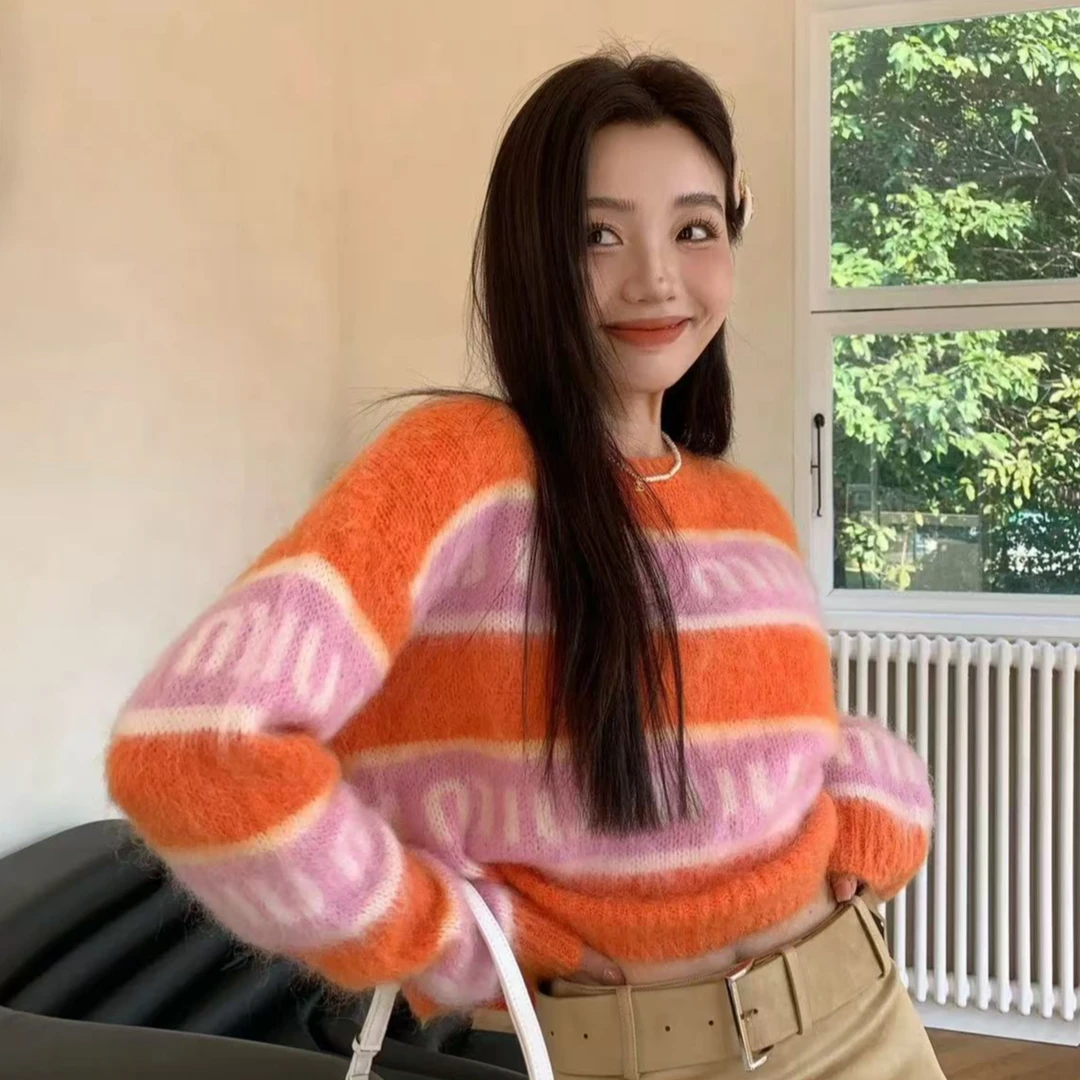 未使用 MIU MIU/缪缪 拼色条纹字母Logo提花长袖毛衣