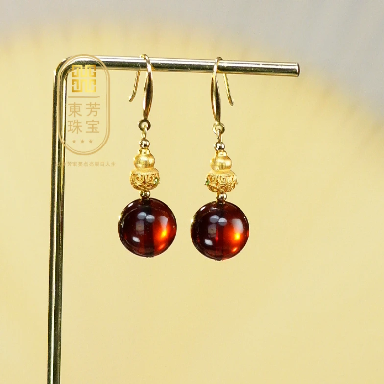 東芳珠宝-热卖款）13mm缅甸天然琥珀耳钩血珀耳钩S925葫芦小众珠宝