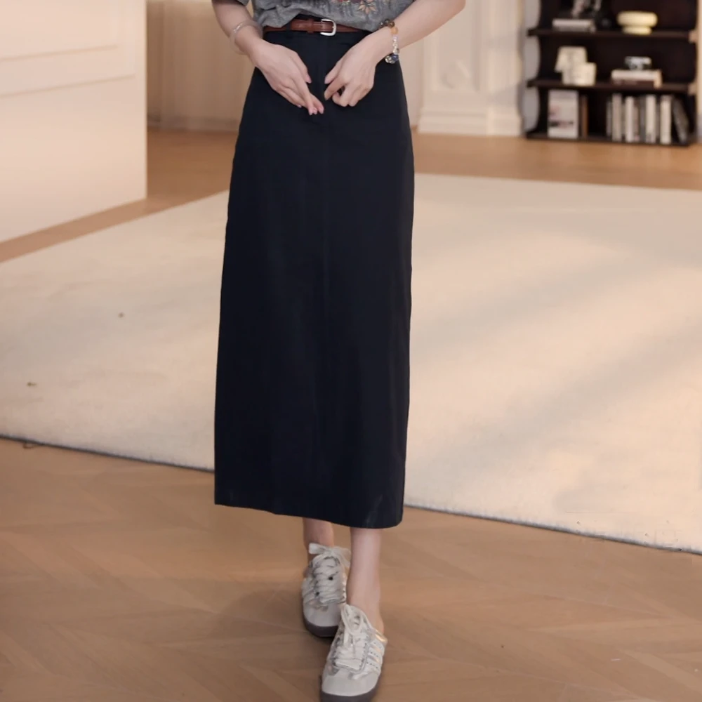 2025春装新款高腰显瘦A字裙长款半身裙后开叉直筒裙长裙裙子