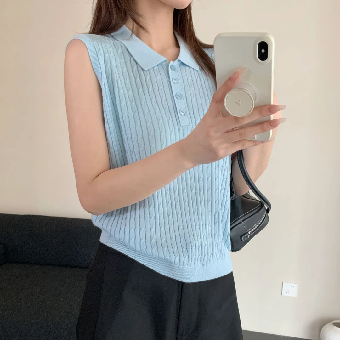 【素简.500162】夏季新款冰蚕丝Polo背心设计感女装上新针织衫