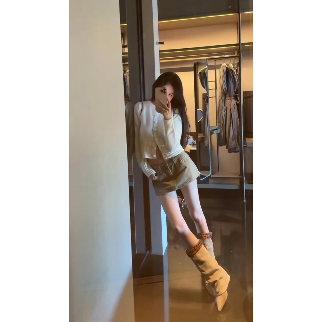 MARIE.COCO韩系长袖针织外套开衫女辣妹风牛仔高腰半身短裙两件套