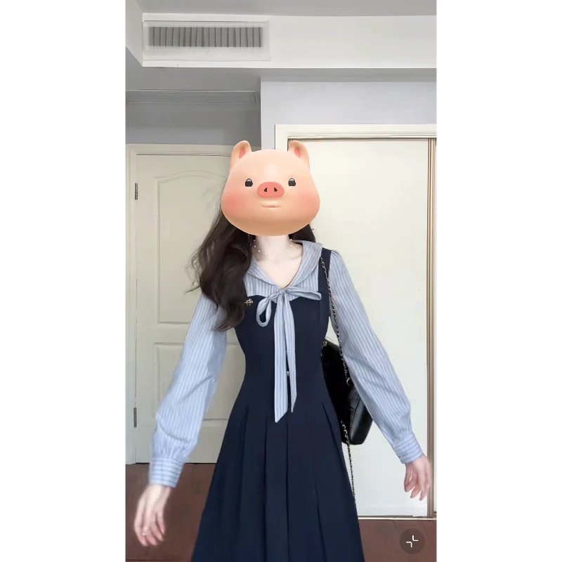 大码秋季新款法式学院风复古减龄连衣裙设计感假两件收腰气质长裙