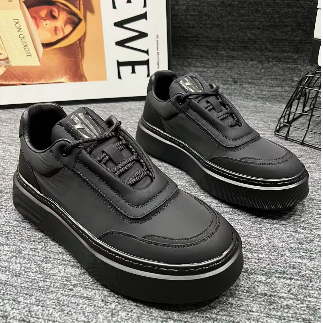 D0571欧货男士秋季厚底透气科技布休闲板鞋潮流百搭潮鞋黑色