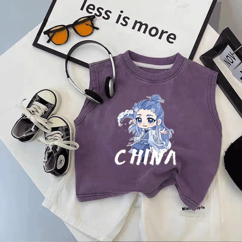 新款儿童敖丙100%纯棉无袖短袖男女童中小童宝宝帅气背心上衣外穿