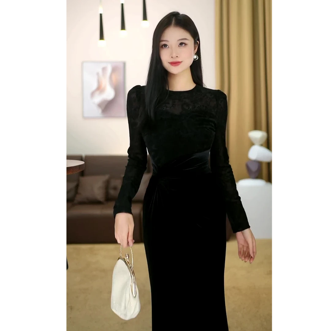 【爱笑】墨染芳华 显瘦高腰秋季长裙中式连衣裙秋冬季开叉裙-VG0377