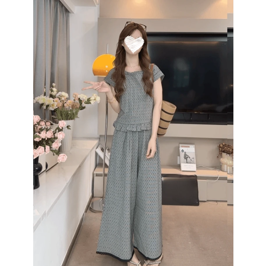 灰色大码减龄木耳边波点背心阔腿裤套装女2025夏新款韩系两件套