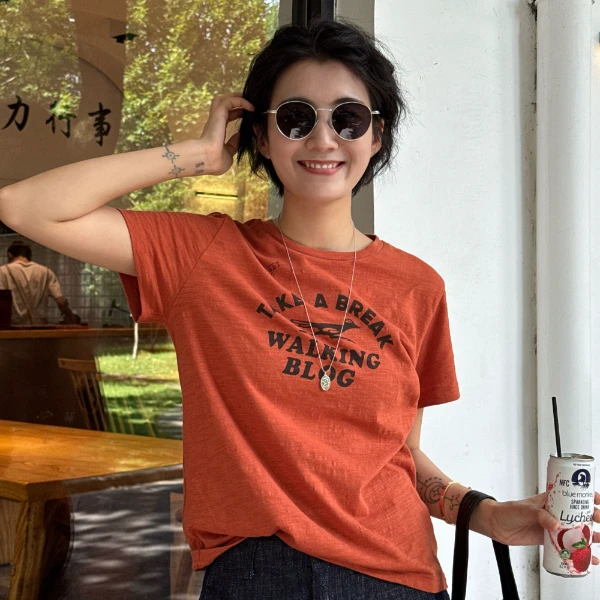 浪清/女装推荐 弗薇莉纯棉字母简约圆领T恤45594#