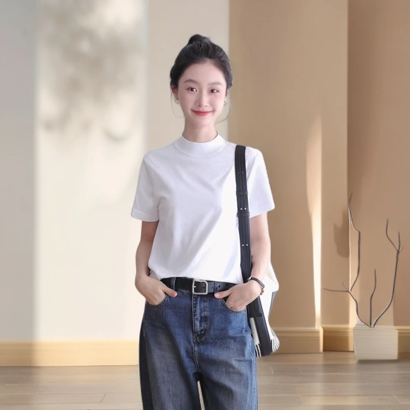 正肩白色T恤女款短袖内搭半高中领夏季上衣宽松小立领半袖打底衫