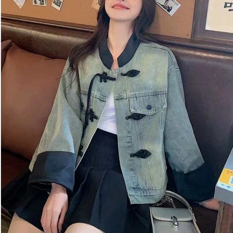 C055新中式牛仔外套女春秋新款国风设计感独特外套超好看减龄上衣