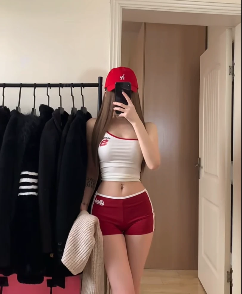 美式辣妹风白色修身上衣+紧身热裤运动裤女夏日氛围感穿搭高级感