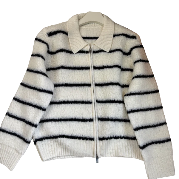 兰嫣秋冬设计师全羊毛短款时尚条纹宽松翻领长袖休闲百搭拉链开衫