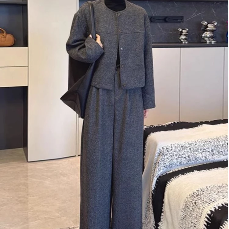 【冰姐专属】休闲套装女小香风短款外套高腰直筒阔腿裤两件套lpy