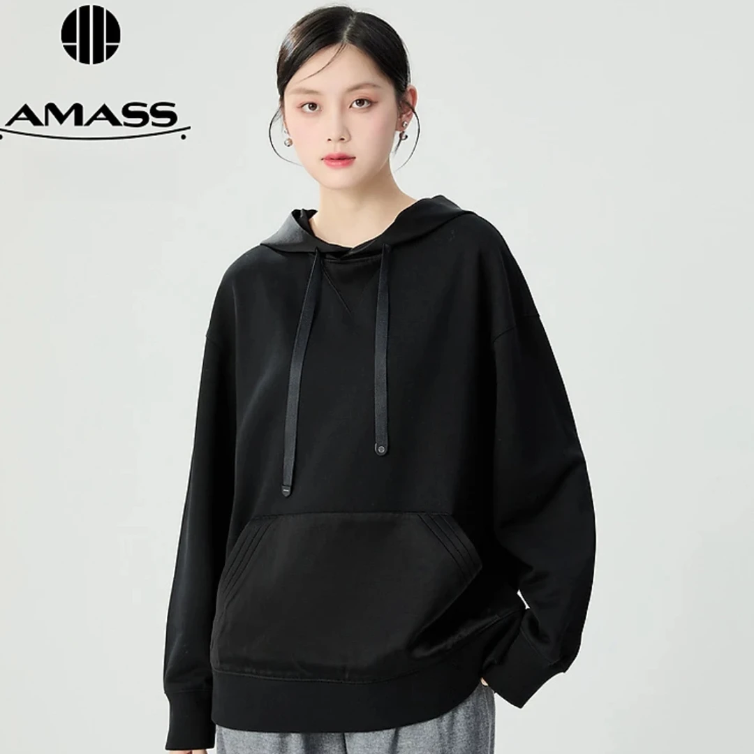 【阿玛施AMASS】5301096 新款拼接缎面落肩宽松廓形套头连帽卫衣女