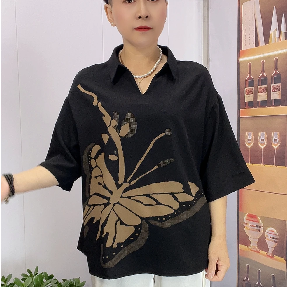 8586休闲女装时尚宽松版 中年女装妈妈春夏款气质 洋气七分袖女衫