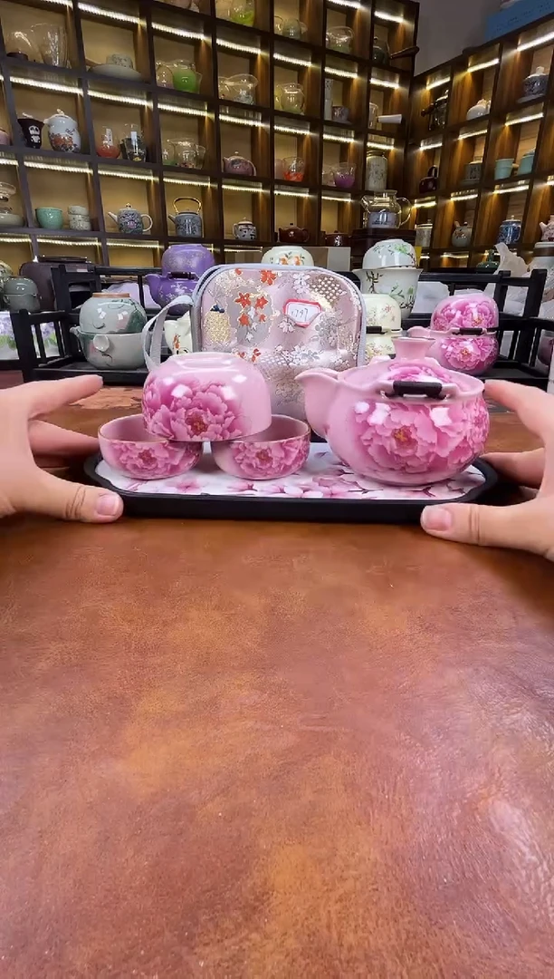 瓷片新款粉色牡丹宝瓶+长方粉色花朵盘
