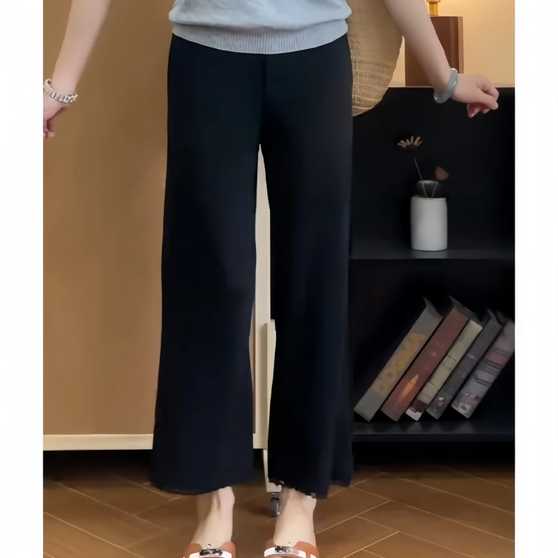 2025夏季大码时尚高腰阔腿裤宽松显瘦休闲风薄款休闲裤纯色九分裤