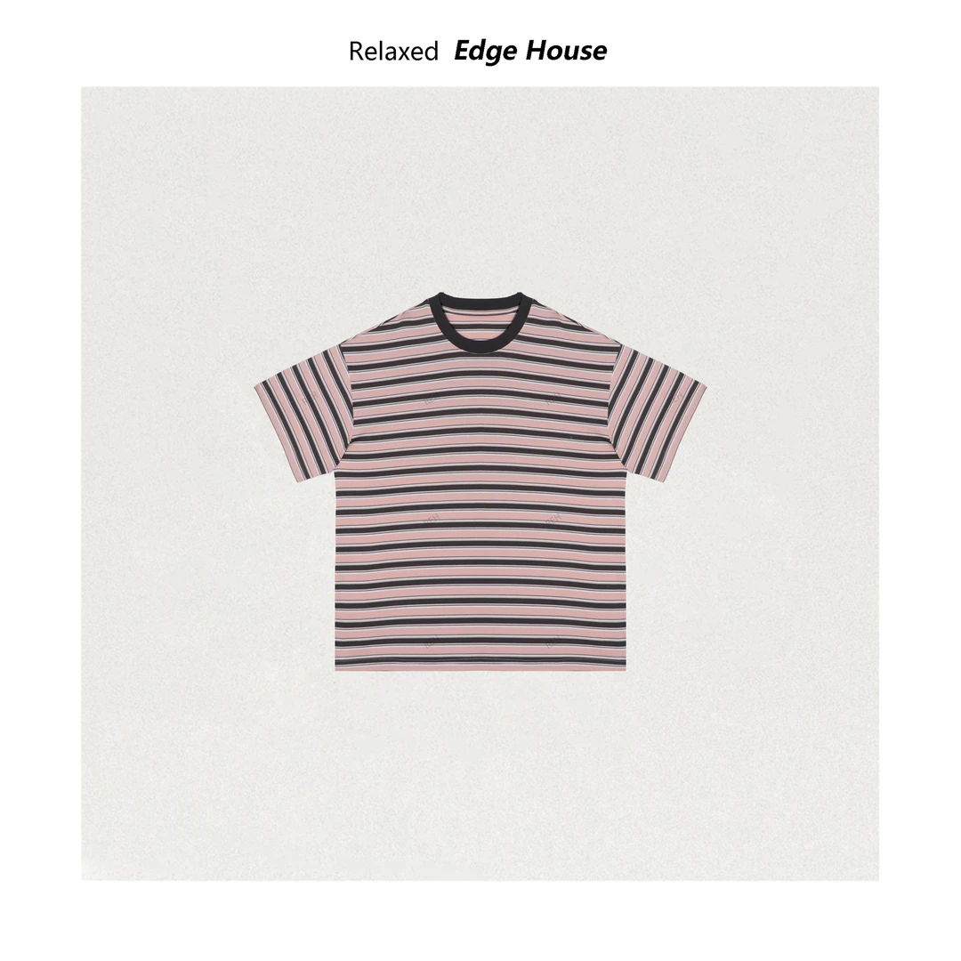 【嘻嘻家】蜜桃粉 时尚休闲小众设计款夏季宽松显瘦条纹T恤上衣女