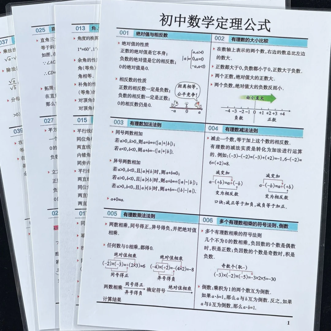 初中数学定理公式大全学习速记课后巩固必备背诵益智训练教具闪卡