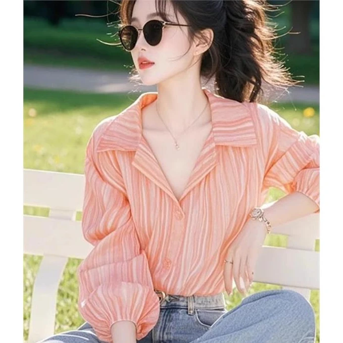 职业阿玛诗官职业阿玛诗官2025春夏装新款翻领条纹休闲泡泡袖衬衫