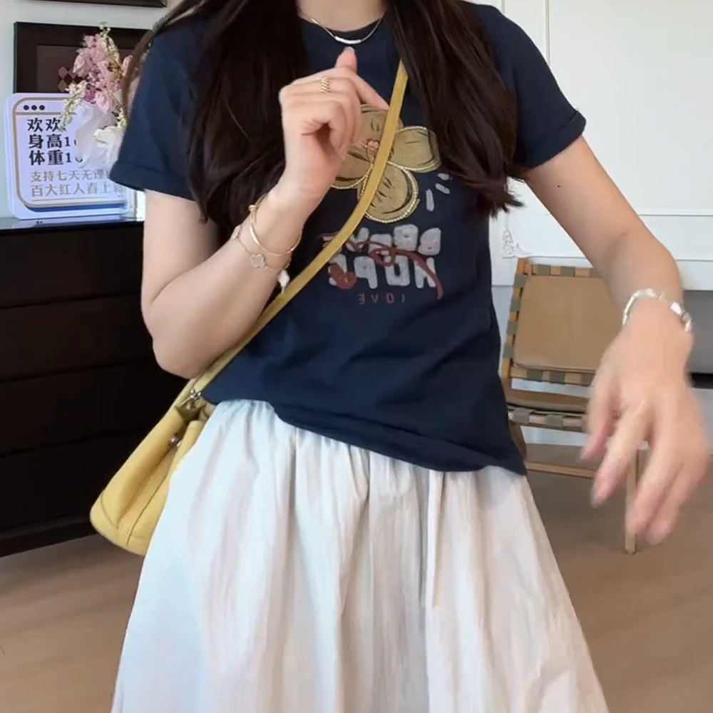 夏季休闲简约时尚百搭花朵印花短袖T恤女修身粉色短款上衣圆领