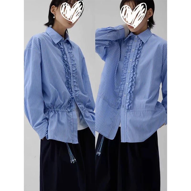 2025春季宽松百搭条纹衬衫女时尚设计感休闲小众上衣抽绳复古z483