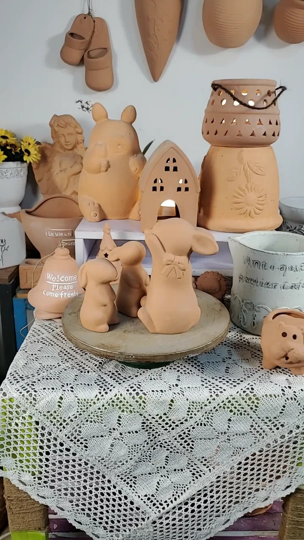 红陶摆件 红陶色 兔三宝