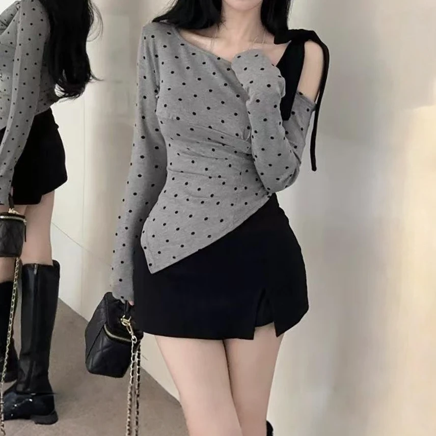 韩系风系带斜领波点T恤女春秋季新款修身不规则露肩长袖百搭上衣