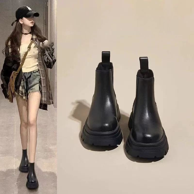 三福厚底真皮切尔西短靴2025秋冬新款靴子英伦风烟筒靴马丁靴女