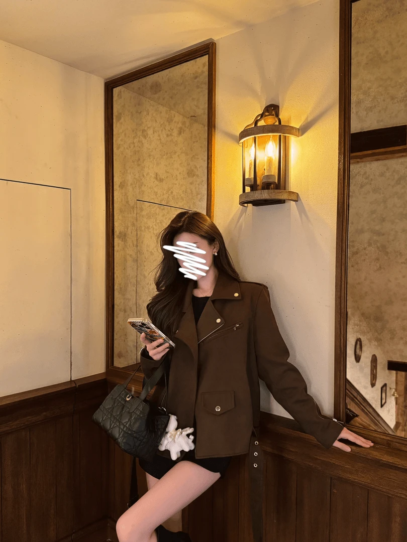 美式复古棕色外套女秋季2025新款设计感炸街休闲小个子机车皮夹克