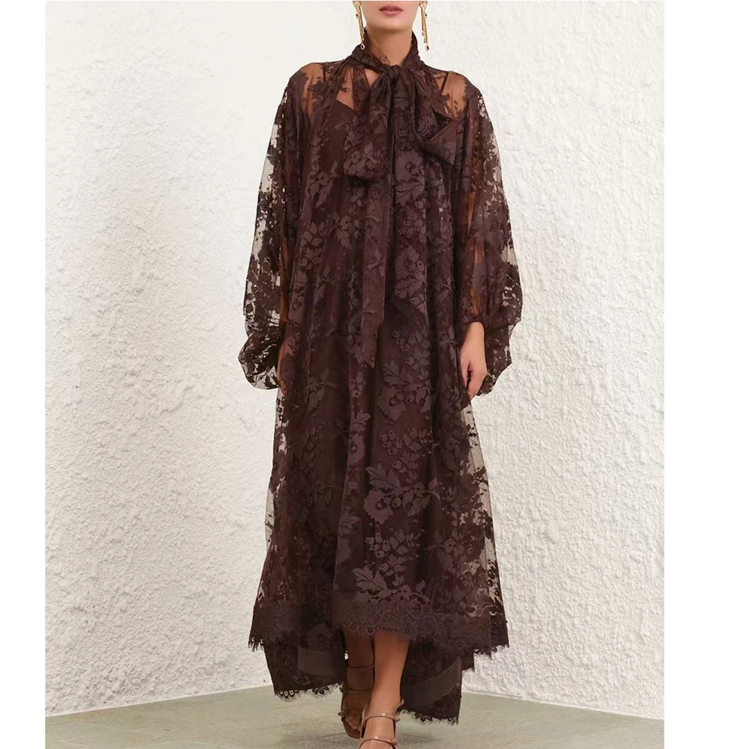 新款V领蝴蝶结飘带蕾丝长款连衣裙百搭高级时尚气质名媛设计师