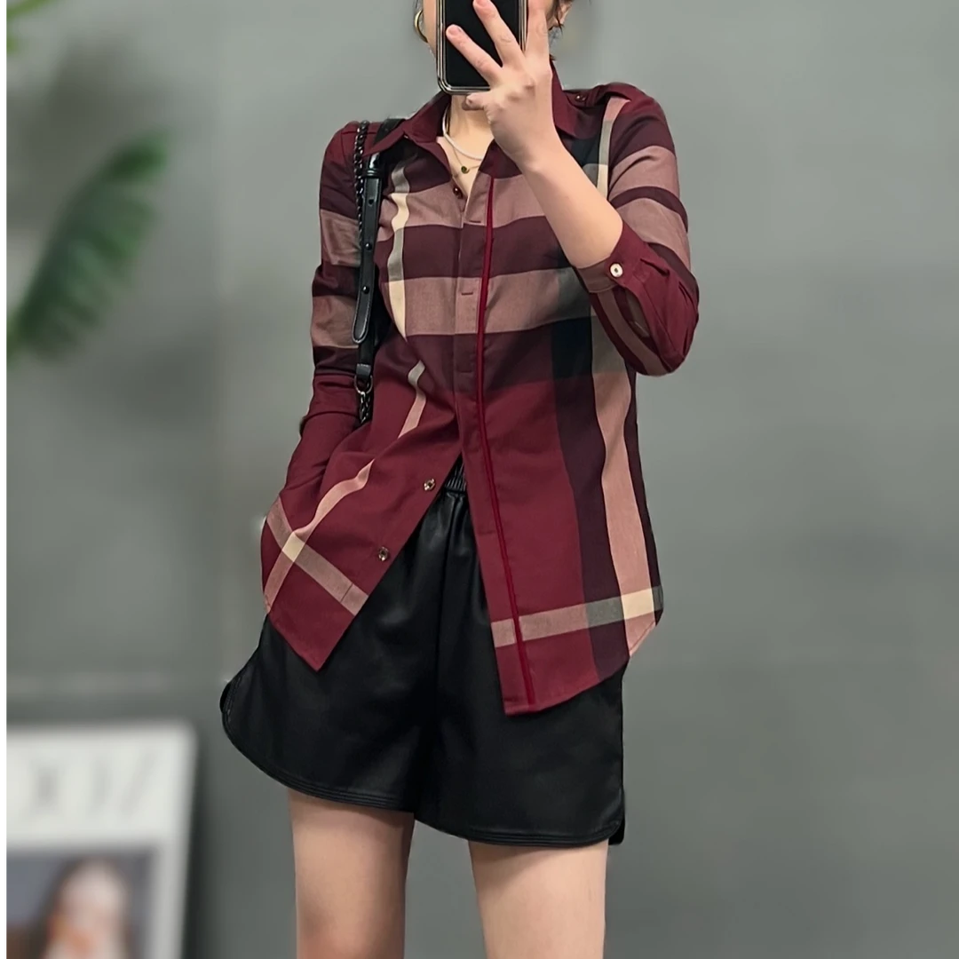 【A03】格纹印染立领百搭衬衫服装春秋季休闲女装拼接衬衫1272