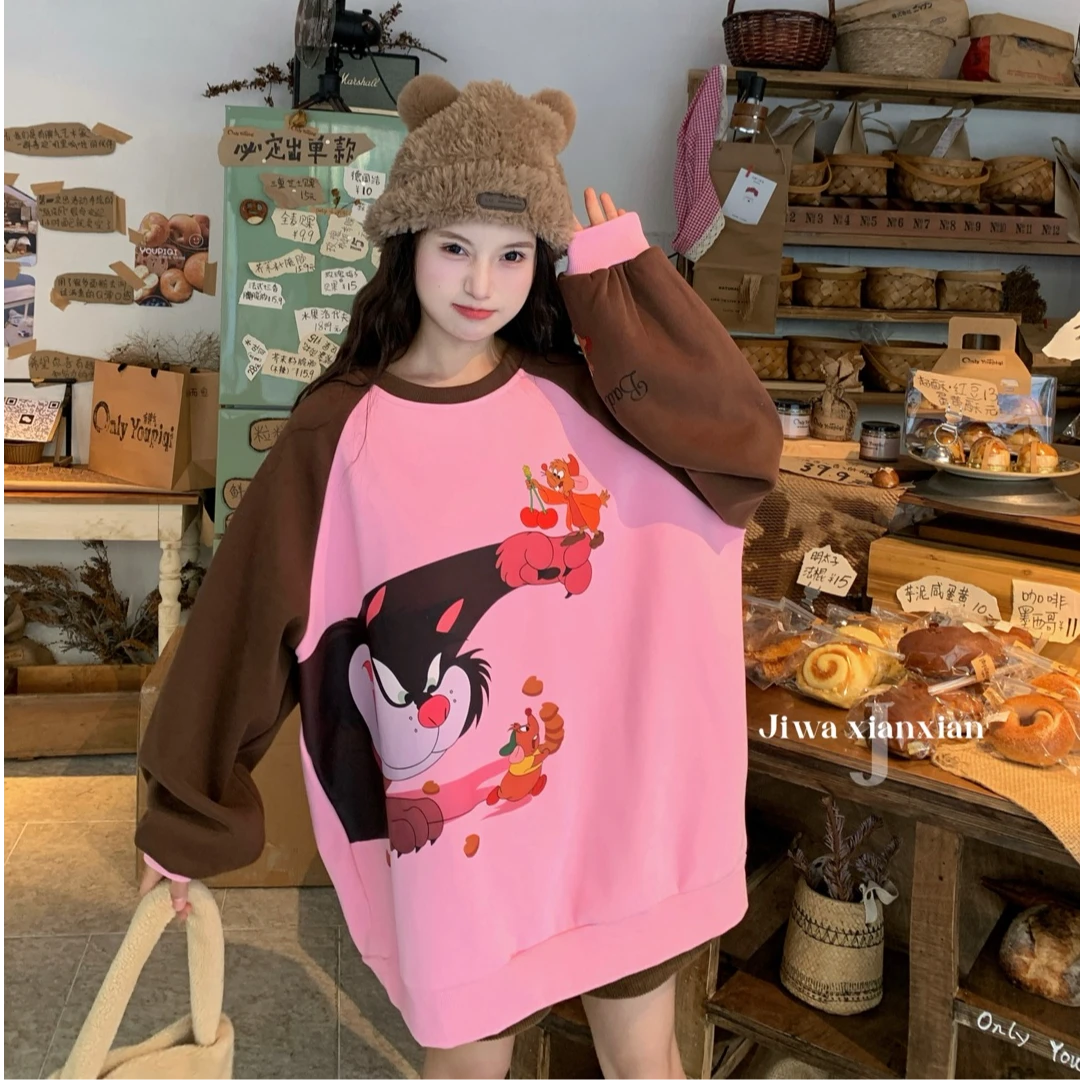 【纯熙+】16115秋冬新款加绒小猫抓老鼠卡通动漫秋季圆领拼色卫衣