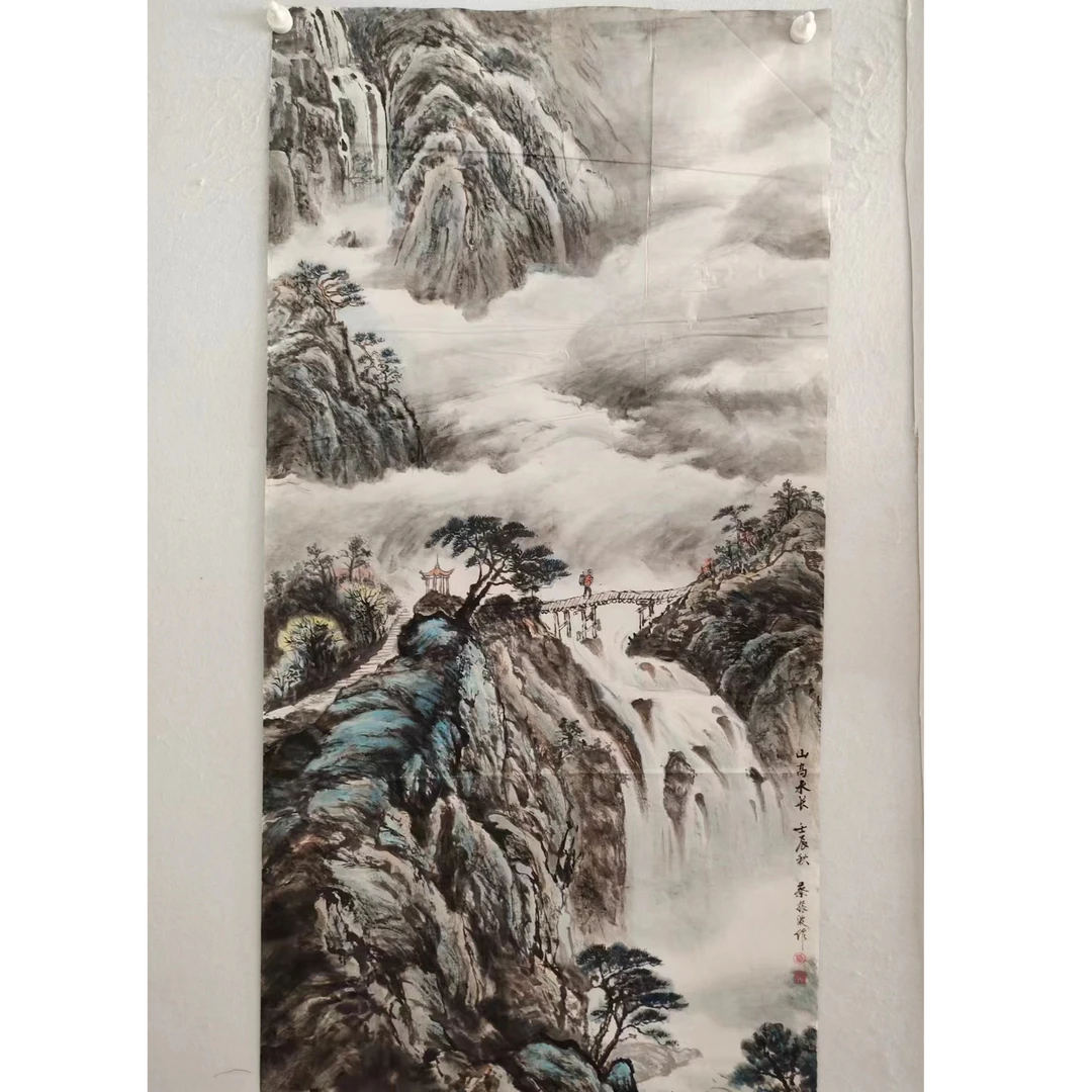 1654纯手绘老字画《山高水长》（背面有补丁）中堂  尺寸：137×68