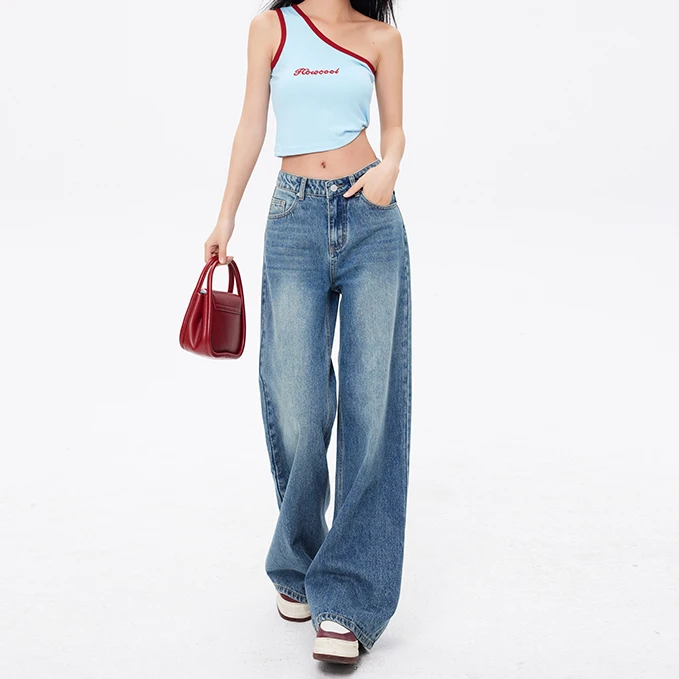 复古磨白牛仔裤女2025春夏新款高腰阔腿直筒垂感拖地裤显瘦梨形裤