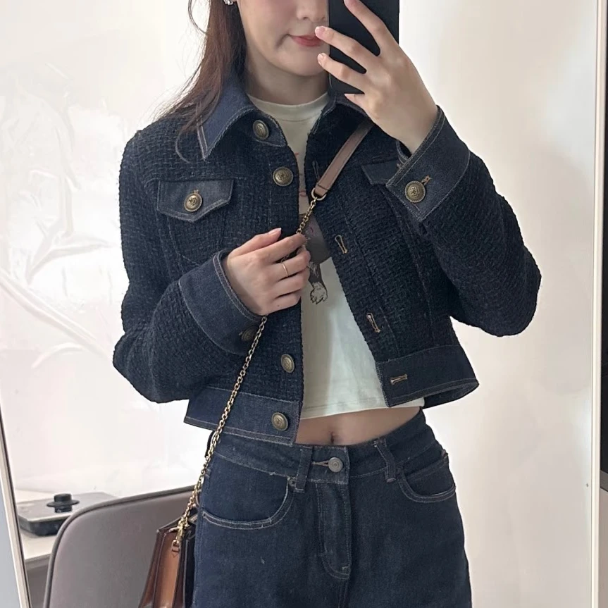 99新 Chanel/香奈儿 36码18P深蓝色细闪编织软呢拼牛仔翻领外套