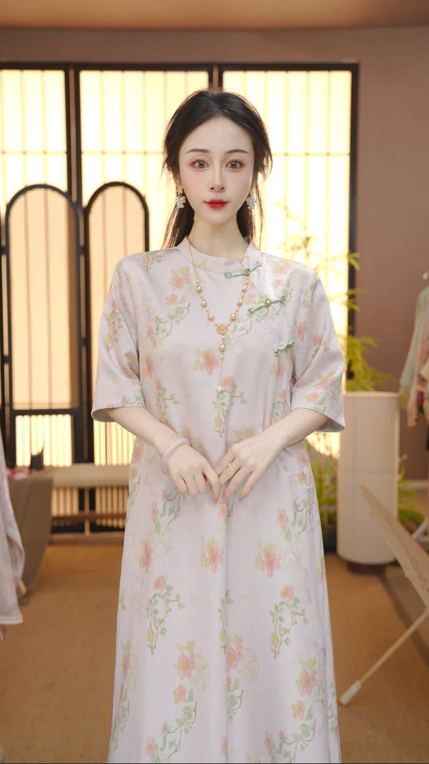 （花好月圆）2025新中式改良斜襟提花春夏女装宽松连衣裙FB2503104