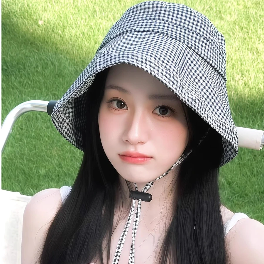 渔夫帽遮阳帽帽子韩式复古渔夫帽防紫外线格纹大檐夏季防晒太阳帽