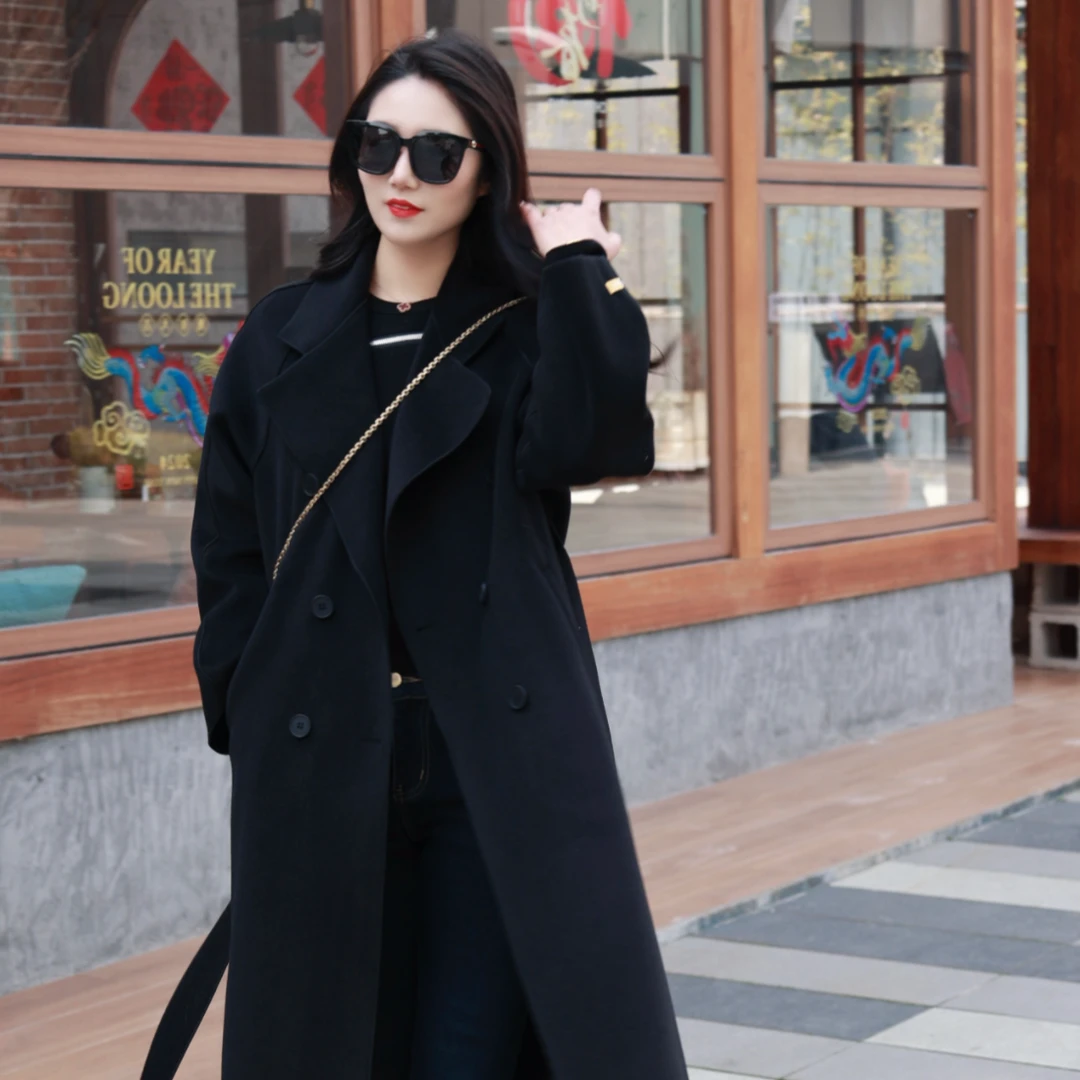 【欧若风】赫本风双面绒大衣女气质轻奢韩版宽松过膝中长款毛呢外套