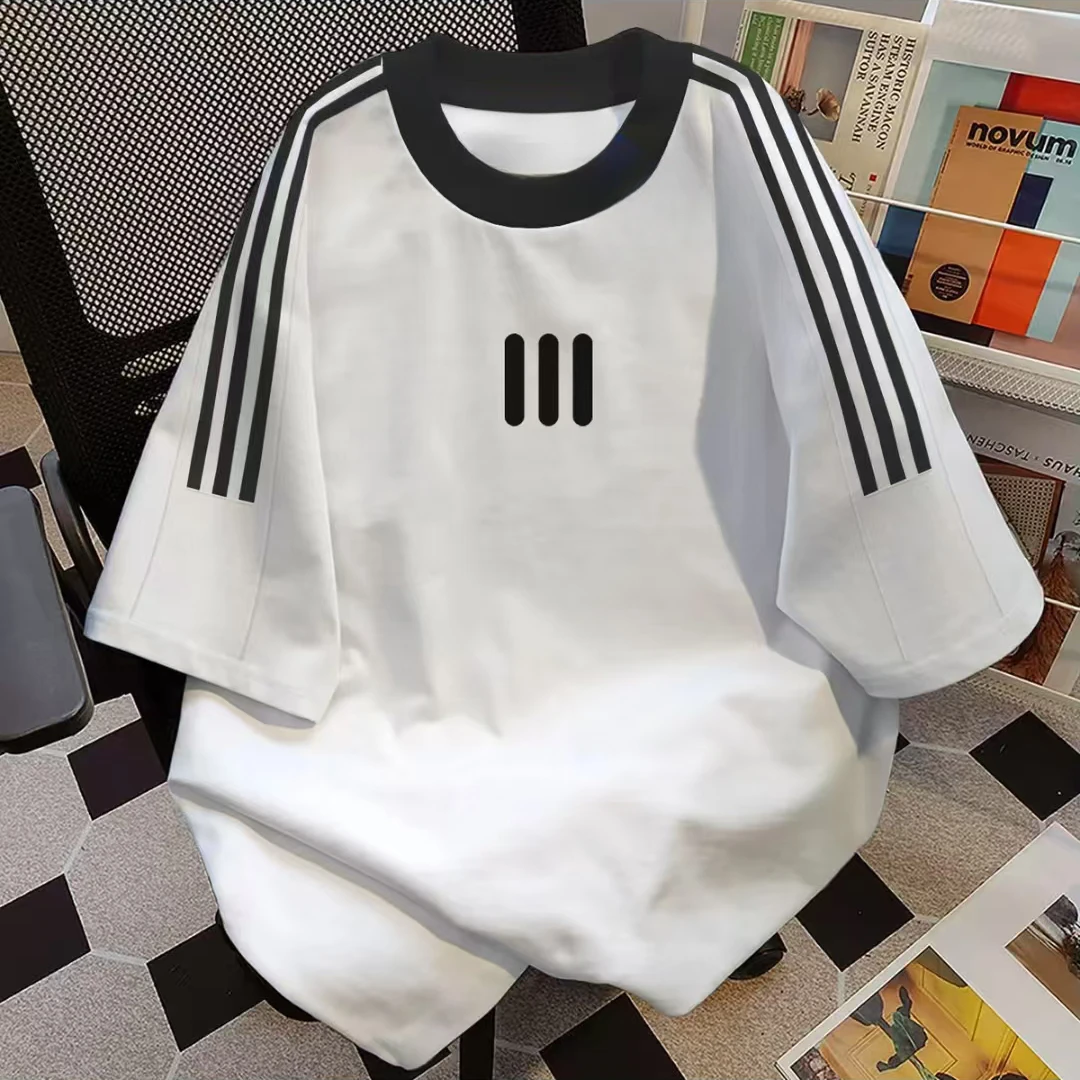 100%纯棉简约三条杠圆领短袖t恤夏季2-300斤胖MM宽松大码女装上衣