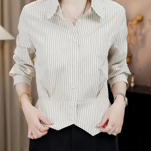 大码胖MM美式复古长袖衬衫女秋季新款小众设计感显瘦修身翻领上衣