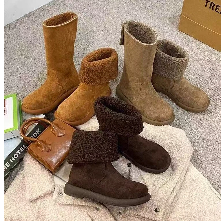 1爆款磨砂皮羊羔绒毛毛鞋翻领两穿雪地棉靴短靴显瘦时尚套筒女靴