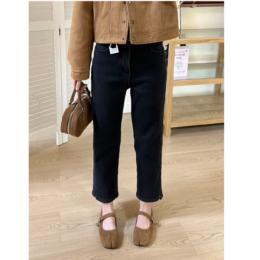 兔子刺绣加绒加厚烟管裤女秋冬小个子简约风牛仔裤高腰显瘦九分裤