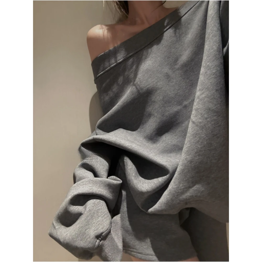 休闲百搭长袖斜肩宽松不规则上衣短裤时尚套套两件套