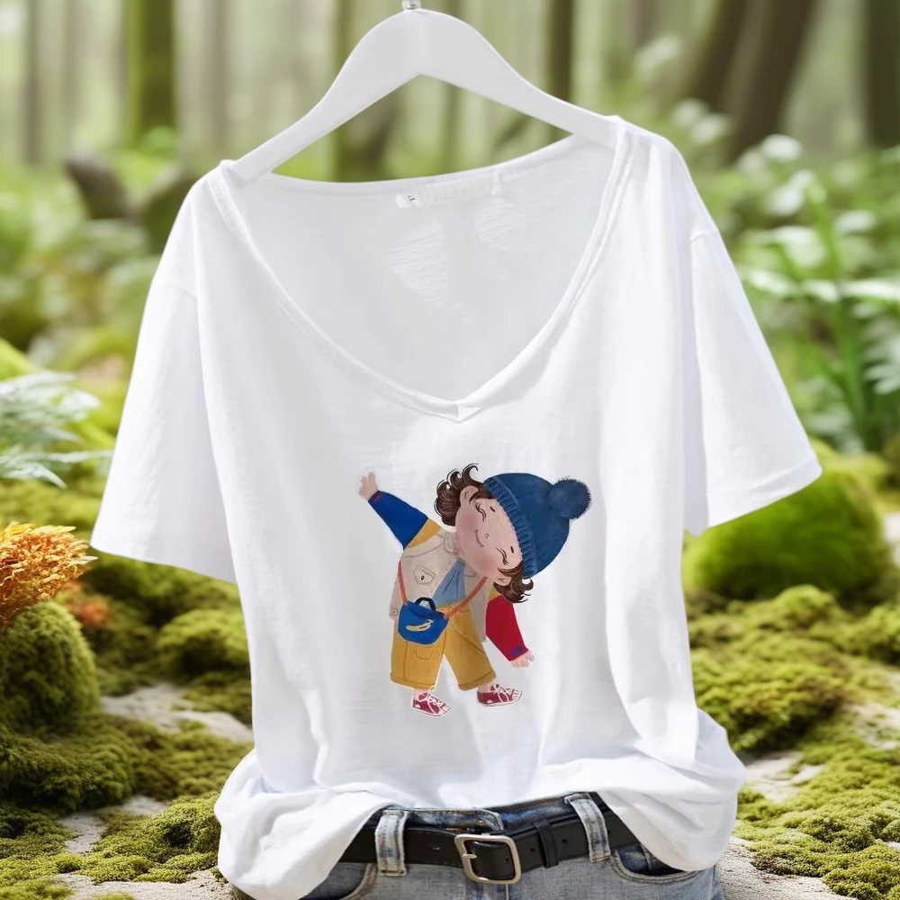 夏季新款显瘦竹节棉女士宽松休闲短袖纯棉V领印花T恤