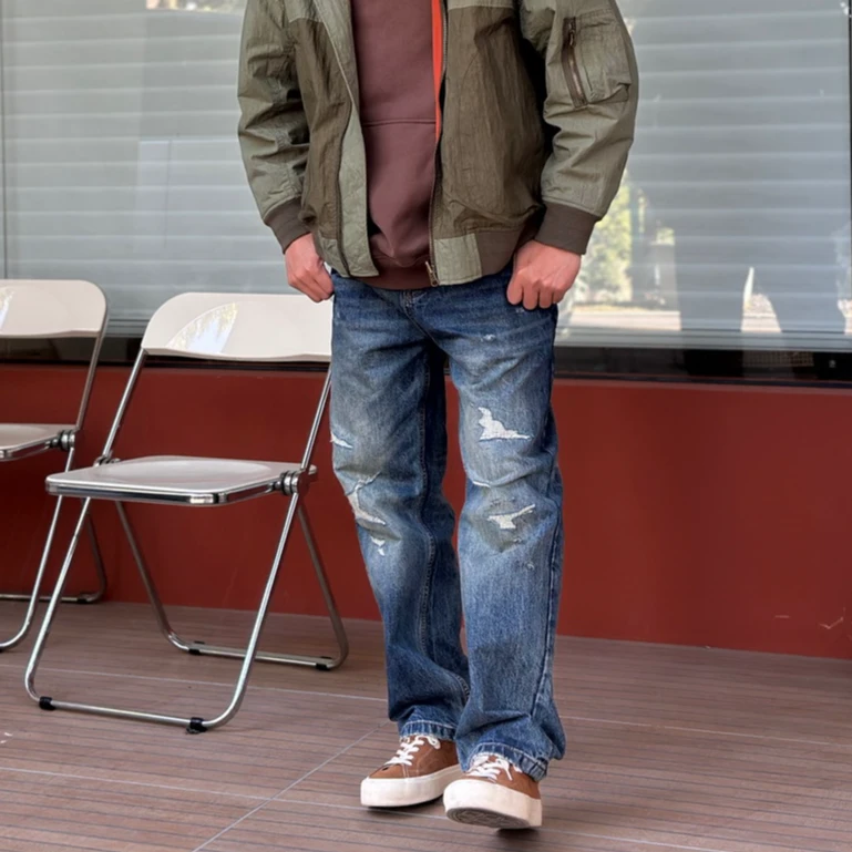 【断码特惠】LIGHTEYES春秋13盎司宽松直筒复古补丁牛仔裤25012