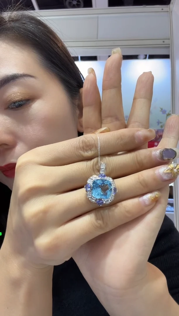 银S925镀金镶嵌吊坠定制托帕石套装吊坠